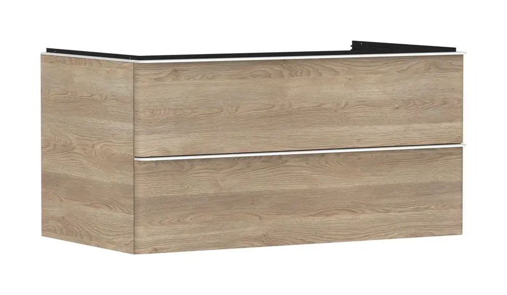 Helles Möbelstück mit zwei Schubkästen, erhältlich in Holzoptik, für den Einsatz unter einem Aufsatzwaschtisch, von der Marke Hansgrohe.